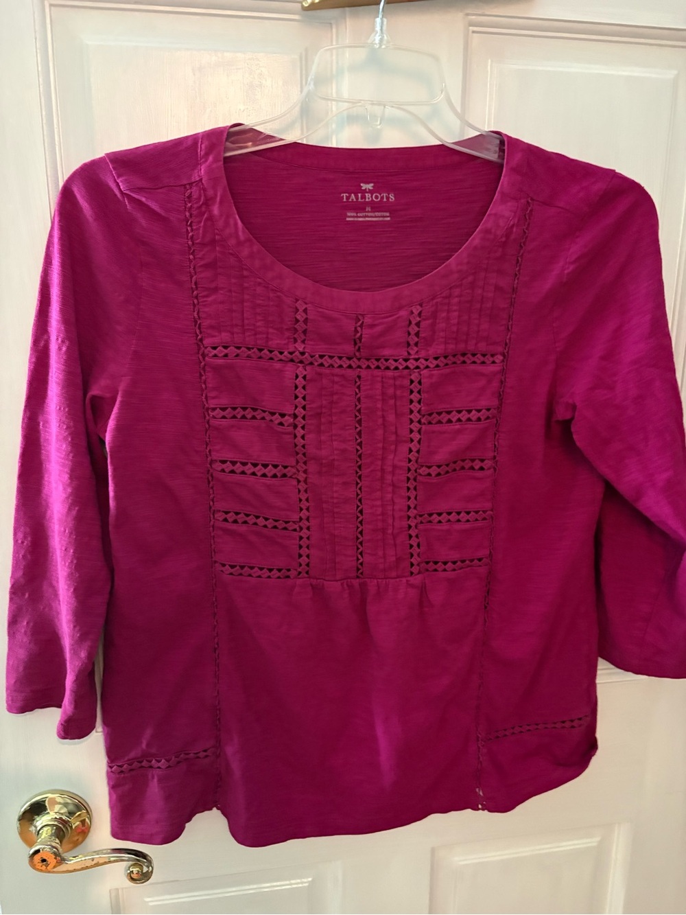 Talbots Magenta Crochet-Trim Scoop Neck Long Sleeve Top